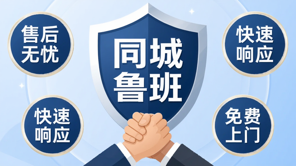 图片主体为一个盾牌图标,盾牌中央是“同城鲁班”的品牌字样,周围环绕着“售后无忧”、“快速响应”、“免费上门”三个圆形徽章,盾牌下方是两只紧握的手。背景为柔和的蓝色渐变,布局居中,风格为现代商务扁平化图标设计,色彩专业稳重,细节清晰,传达出安全、可靠、值得信赖的品牌形象。画面干净,画质高清。