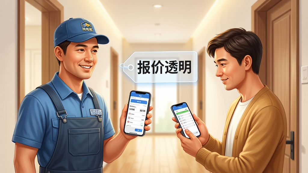 图片主体为一位维修师傅微笑着向站在门口的业主展示手机上的报价单,业主拿着手机仔细查看,两人之间有一个悬浮的透明价格标签,上面清晰显示“报价透明”四个字。布局采用对称构图,左师傅右业主,背景为明亮的现代家居走廊。风格为写实插画,色彩温暖明亮,人物表情自然,细节丰富,突出“同城鲁班”平台的透明交易和信任感。画面干净,无多余元素,画质高清。