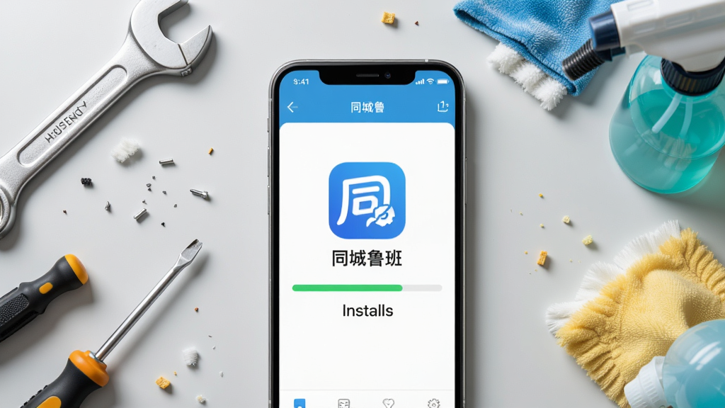 图片主体为一部智能手机正在安装“同城鲁班”APP的界面,屏幕上显示安装进度条和“同城鲁班”图标,周围散落着扳手、螺丝刀等工具和清洁用品,背景为干净的浅灰色工作台,布局居中,采用俯拍角度,风格为写实宣传图,光线明亮柔和,细节丰富,突出手机软件安装与家政维修的关联。画面干净,无多余元素,画质高清。