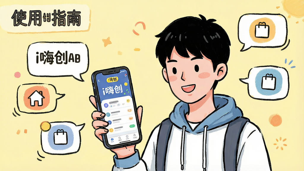 一张展示i嗨创APP使用教程的漫画风格插图,主体为一位大学生手持手机操作i嗨创界面,周围有对话气泡和功能图标,背景为淡黄色,画风清新,细节丰富,画质清晰,文字标注“使用指南”,干净无多余元素。