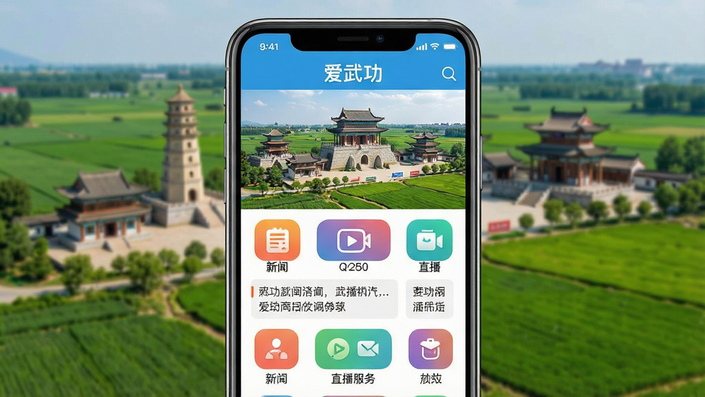 一张展示智能手机屏幕的图片,屏幕中清晰显示“爱武功”APP的首页界面,包含新闻资讯、直播、服务等彩色功能图标,背景为武功县地标建筑与绿色田园融合的实景,整体画面明亮清晰,构图居中,风格写实,画质干净,无多余元素