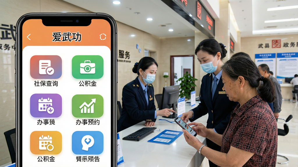 手机界面显示“爱武功”政务服务板块,包含“社保查询”“公积金”“办事预约”等彩色图标,背景为武功县政务服务中心大厅,有工作人员指导市民使用手机办理业务,画面清晰,构图饱满,风格写实,细节丰富,画质干净,无多余元素