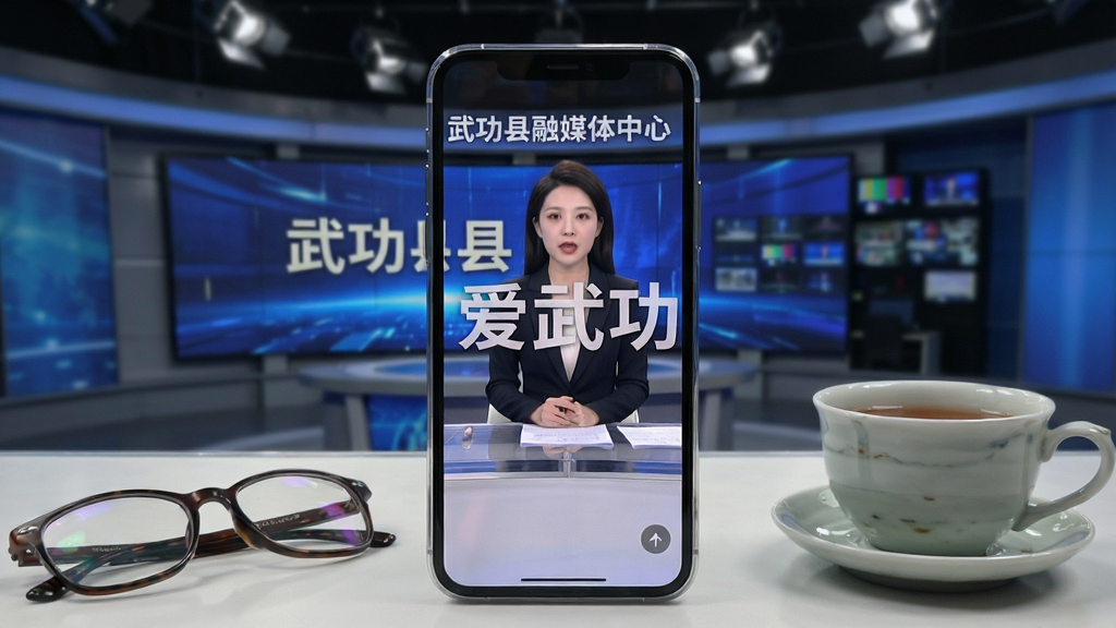 智能手机正在播放武功县电视新闻直播画面,屏幕中央有“爱武功”水印,画面显示新闻主播播报场景,背景为武功县融媒体中心演播室,手机旁摆放眼镜和茶杯,构图简洁,风格写实,细节丰富,画质干净,无多余元素