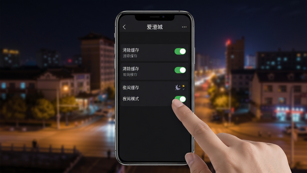 主体:一部智能手机显示“爱澄城”APP的设置页面,展示“清除缓存”、“夜间模式”等选项。布局:手机居中,背景为模糊的澄城县城市夜景。排版:设置项以列表形式排列,开关控件清晰。风格:简洁实用风格,深色背景。细节:屏幕上有“爱澄城”字样,手指正在点击“清除缓存”选项。画质:清晰,无多余元素。