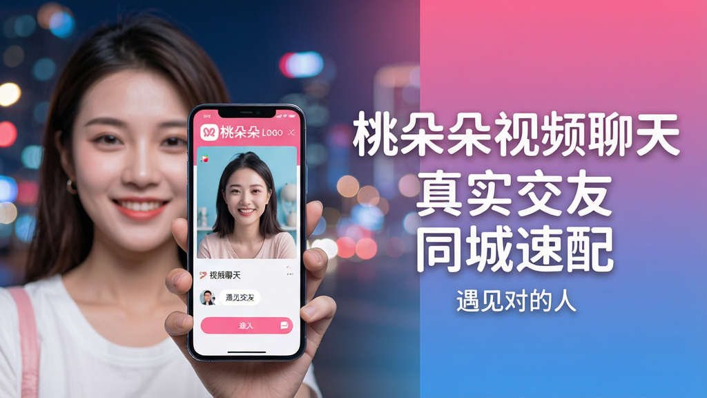 主体:一位年轻女性用户手持智能手机,屏幕显示“桃朵朵视频聊天”的界面,界面中有清晰的视频窗口和聊天按钮;布局:女性位于画面左侧三分之一处,手机屏幕朝向镜头,右侧留出空白区域用于排版文字“桃朵朵视频聊天 真实交友 同城速配”;排版:整体采用左右分割构图,文字采用大号圆体白色字体,下方配有小字“遇见对的人”;风格:明亮通透的现代科技风格,背景为虚化的城市夜景光斑,色调以粉色和蓝色渐变为主;细节:手机屏幕上的应用界面需清晰可见“桃朵朵”LOGO及“视频聊天”字样,女性面带微笑,表情自然;画质:高清,干净,无多余元素。