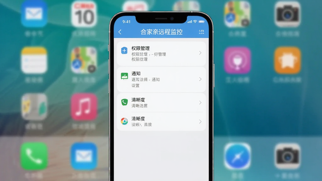 手机截图形式展示“合家亲远程监控”App的设置界面,界面上显示权限管理、通知设置、清晰度选择等选项列表,背景为系统桌面,图片主体是手机屏幕,布局扁平化,风格简洁,UI设计现代,细节文字清晰可读,画质干净,无多余元素