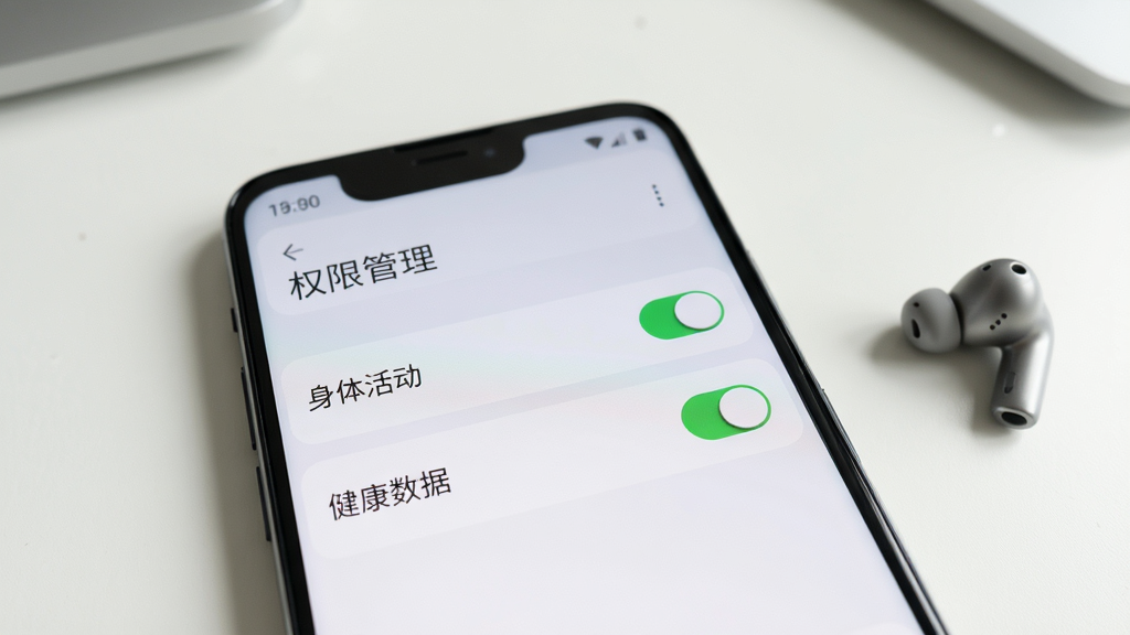 主体为一部安卓智能手机屏幕显示邦礼健康APP的权限设置界面,界面中有“身体活动”和“健康数据”的开关选项;背景为简洁的桌面,手机旁边放置一个小型蓝牙耳机;布局采用手机屏幕特写居中;排版风格为系统设置界面风格;风格为写实风;细节上,开关按钮清晰,处于开启状态为绿色,屏幕上方显示“权限管理”标题;画质清晰,光线充足,画面干净。