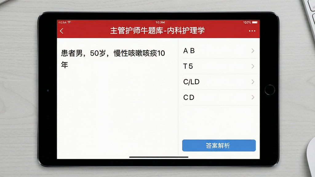 平板电脑横屏显示主管护师牛题库做题界面,左侧是题干“患者男,50岁,慢性咳嗽咳痰10年”,右侧是A/B/C/D选项列表,底部有答案解析按钮,屏幕上方显示“主管护师牛题库-内科护理学”红色标题,背景为浅灰色桌面,干净整洁