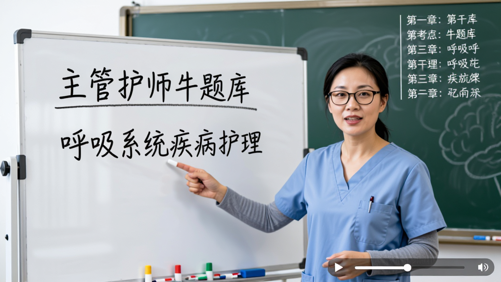一位戴着眼镜的讲师站在白板前讲解护理考点,白板上写着“主管护师牛题库”和“呼吸系统疾病护理”板书,黑板右上角有课程章节列表,画面右下角显示播放进度条,整体风格专业明亮,画质干净清晰