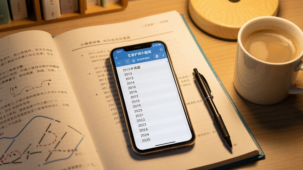 一本打开的复习资料上放着一部手机,手机屏幕显示主管护师牛题库历年真题列表,年份从2013到2025依次排列,资料旁有一支笔和一杯咖啡,背景为书桌一角,暖色调灯光,画面清晰无杂物