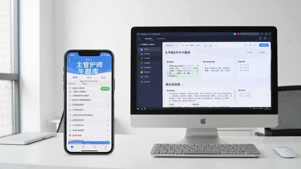 一张手机和电脑并排摆放的照片,手机屏幕显示主管护师牛题库答题界面,电脑屏幕显示模拟器中的题库主页,背景是简洁办公桌,光线明亮,画质清晰干净