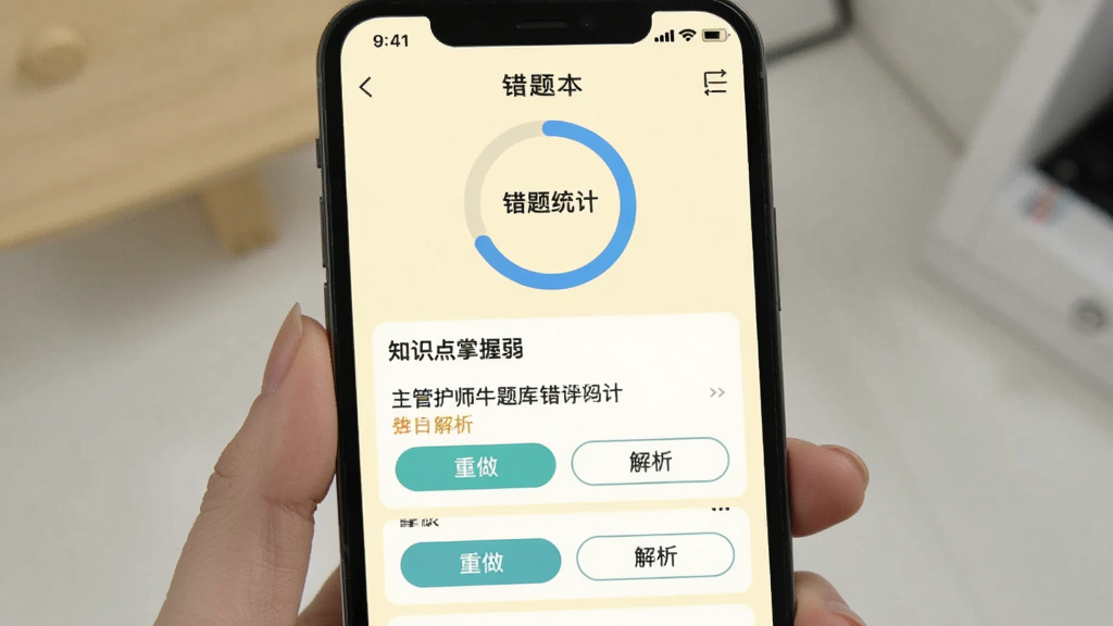 手机屏幕展示主管护师牛题库错题本界面,顶部有“错题统计”圆形进度图,下方按“知识点掌握弱”列出错误题目,每条错题下方有“重做”和“解析”按钮,背景为淡黄色护眼模式,界面简洁清爽,画质高