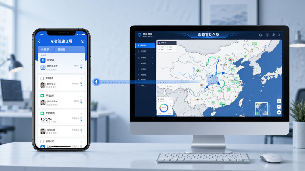 展示“车智管政企版”移动端与电脑端同步使用的场景,画面左侧是手机显示派单列表,右侧是电脑屏幕显示地图监控大屏,两者数据互通,整体风格商务蓝色调,布局协调,画质干净清晰