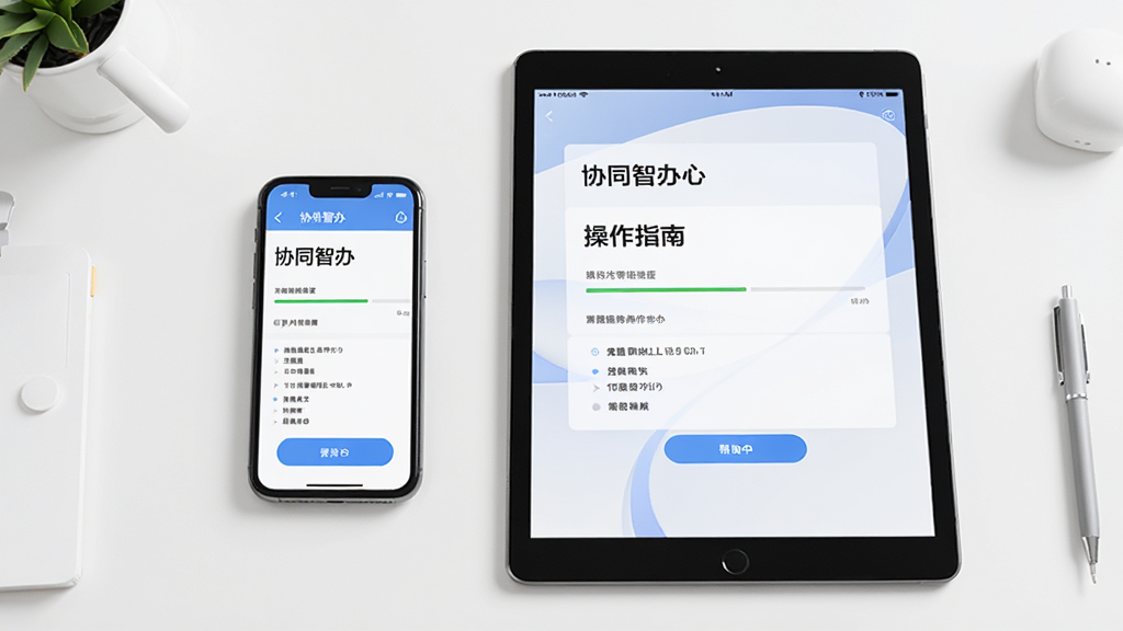 图片中展示一部手机和一台平板电脑并排摆放,屏幕上同时运行“协同智办”应用,展示操作指南或帮助中心页面,背景为干净的工作桌面,布局对称,风格清新专业,细节包括进度条和按钮,画质高清干净无多余元素