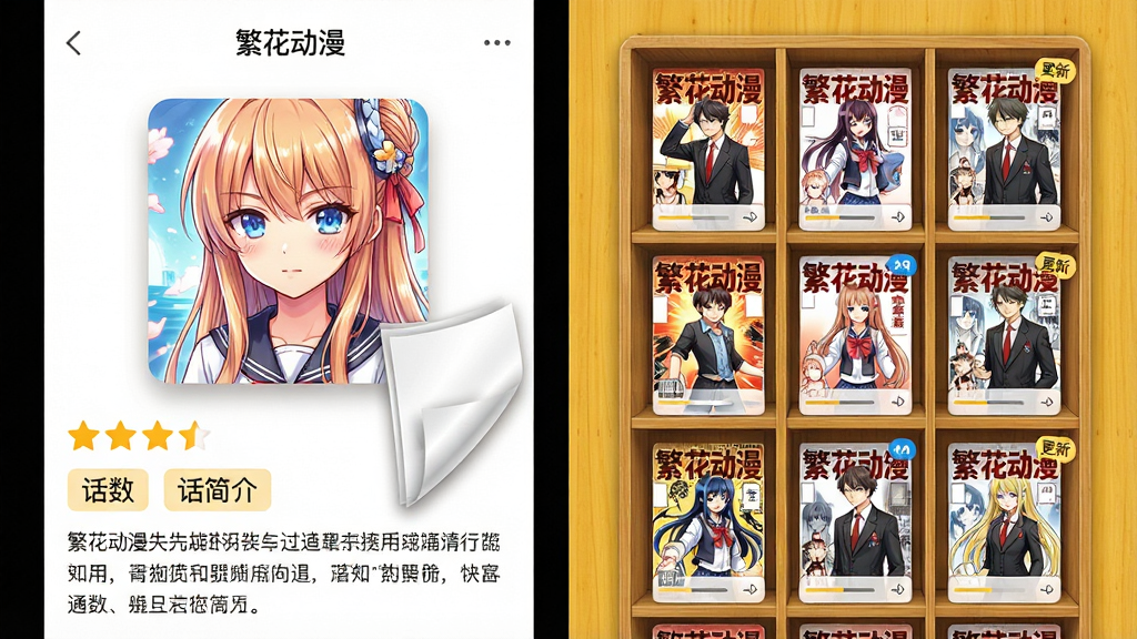 展示“繁花动漫”APP的作品详情页与书架界面,左侧为详情页,包含封面大图、评分星星、话数标签、简介文字,右侧为书架界面,以书架格子形式存放多本漫画,背景为暖黄色木纹质感,布局为左右分栏,排版有序,风格为写实与插画结合,细节包括翻页动效、进度条、更新角标,画质精细,画面干净,无多余元素
