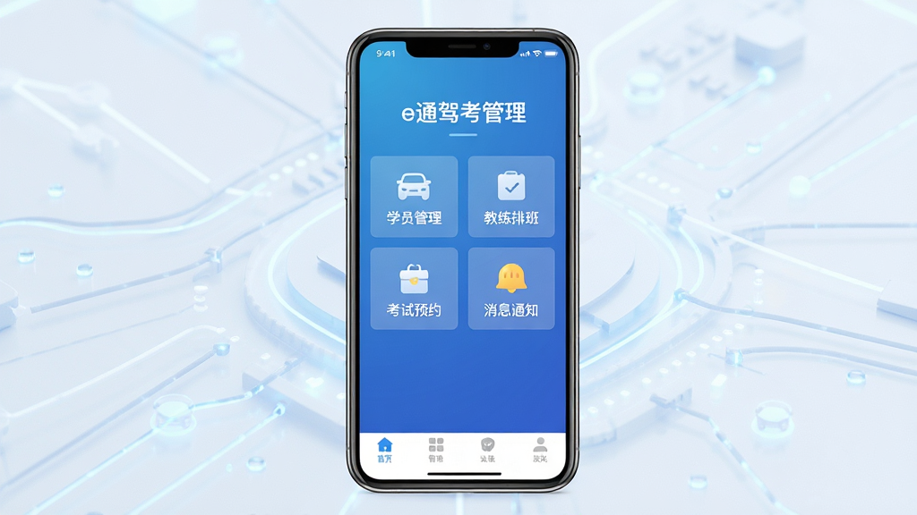 画面主体为一部智能手机屏幕展示“e通驾考管理”主界面,界面清晰显示“学员管理、教练排班、考试预约、消息通知”等功能模块,背景为简洁的蓝色渐变科技感,布局居中对称,排版干净,风格现代扁平化,细节包括状态栏信号图标、底部导航栏,画质高清,干净,无多余元素。