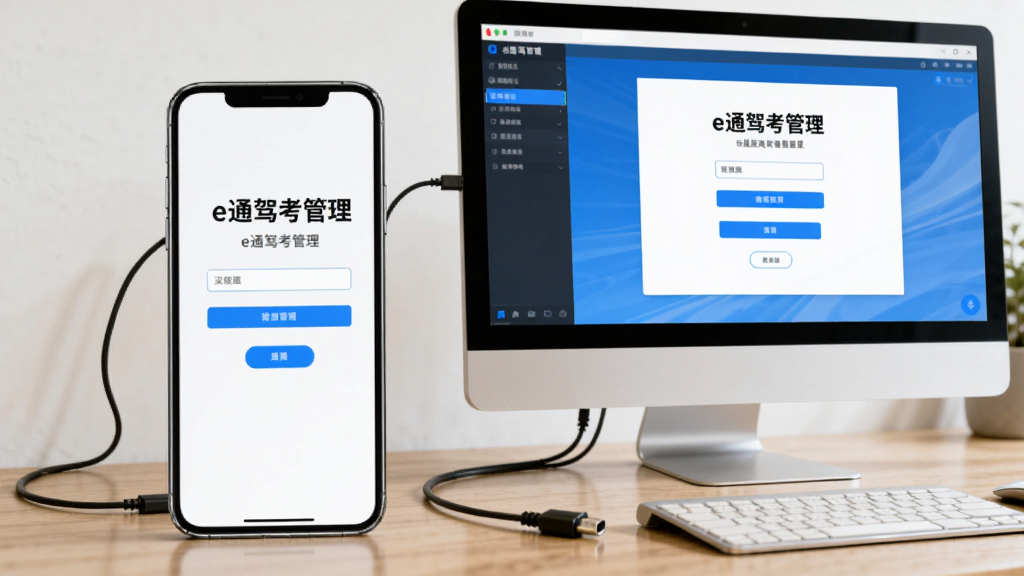 图片主体为一部手机与一台电脑并排放置,手机屏幕显示“e通驾考管理”登录页面,电脑屏幕显示同一软件的模拟器界面,布局为左右构图,排版清晰,风格为写实场景图,细节包括数据线连接暗示同步,画质干净,无多余元素。