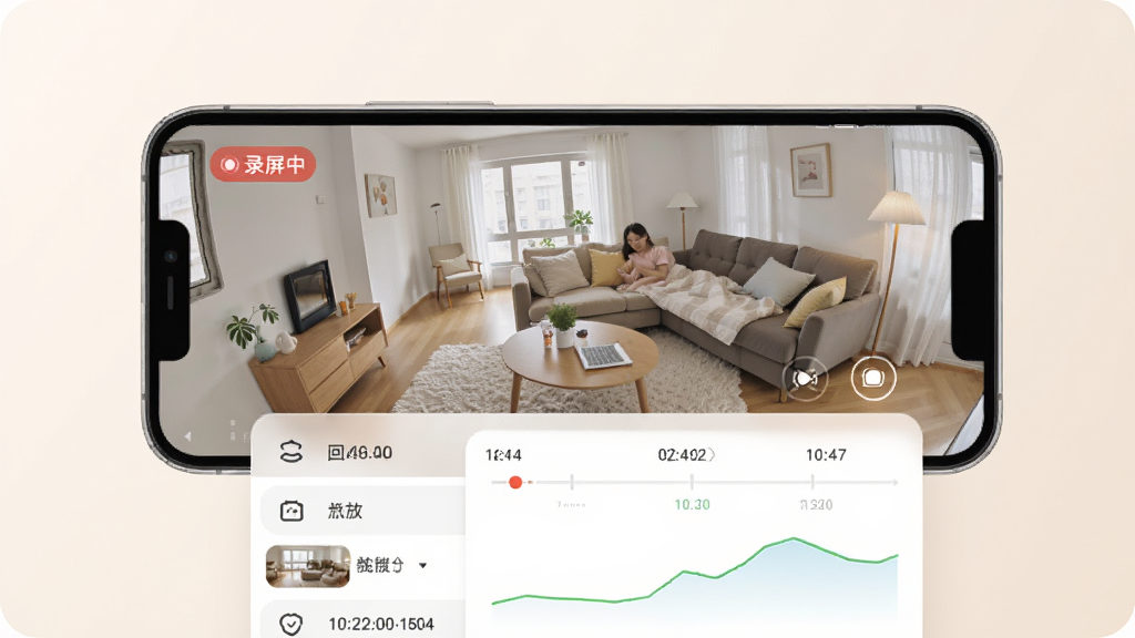 手机监控看家超清录屏回放功能图,画面中手机屏幕显示监控画面并带有“录屏中”红点图标,下方有回放列表,时间轴清晰,界面简洁,色调柔和,画质干净,无多余元素