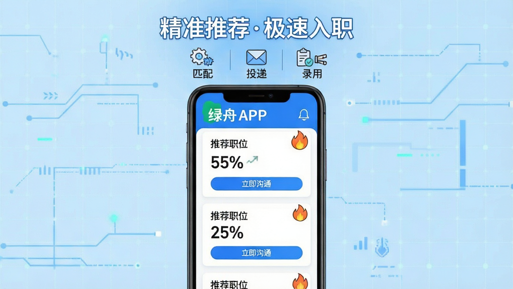 主体:绿舟APP的“智能推荐”页面,以列表形式展示多个匹配岗位,背景为淡蓝色科技网格。布局:页面中央有一部手机,屏幕内显示“推荐职位”卡片,卡片上标有匹配度百分比。排版:标题“精准推荐极速入职”置于手机上方,下方辅以三个图标分别代表“匹配”“投递”“录用”。风格:科技感扁平插画风,色彩以蓝白为主。细节:每个职位卡片右上角有火苗图标代表热度,底部有“立即沟通”按钮。画质:清晰锐利,无杂乱元素。
