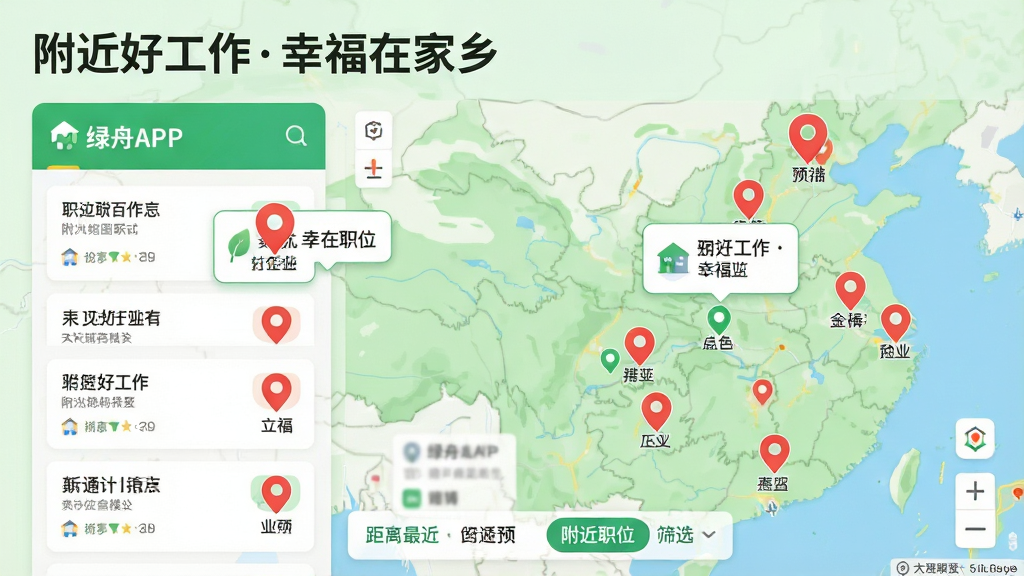 主体:绿舟APP的“附近职位”地图模式,以地图为背景,用红色定位图标标示出周边企业位置。布局:左侧为职位列表卡片,右侧为地图全貌。排版:上方标题“附近好工作幸福在家乡”,地图底部有“距离最近”筛选栏。风格:清新自然风格,地图采用浅绿色调。细节:每个定位图标上显示企业简称,点击图标可弹出职位预览气泡。画质:高清地图渲染,整洁无多余元素。