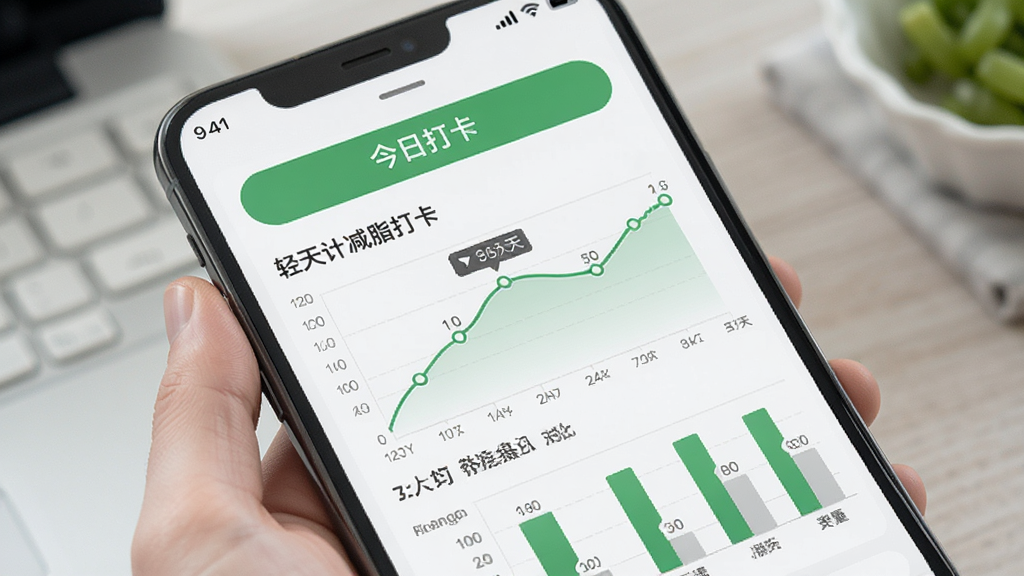 轻食计减脂打卡页面展示,手机界面显示今日打卡按钮,下方为近30天体重折线图,标注体重变化趋势,还有消耗与摄入对比柱状图,界面风格清爽,绿色与浅灰搭配,排版整齐,画质高清,无多余元素
