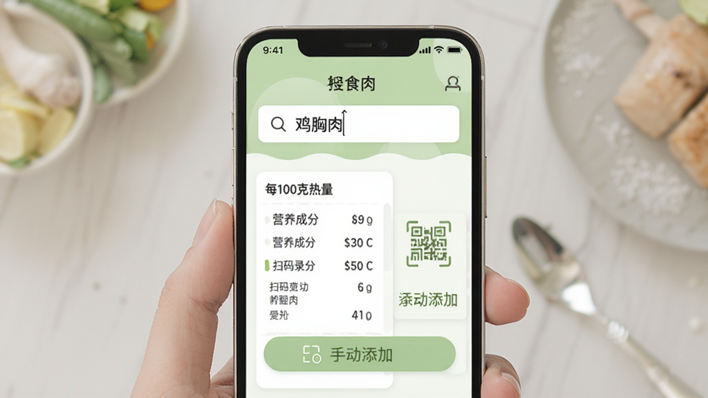 轻食计食物热量查询功能预览,手机界面展示搜索框输入