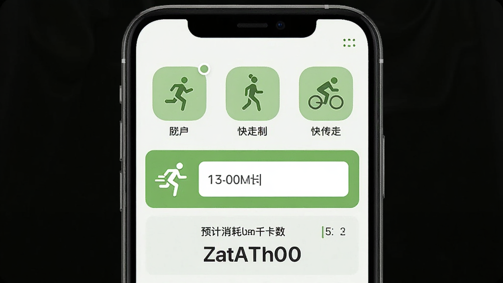 轻食计运动热量记录界面,手机屏幕展示跑步、快走、骑行等运动图标,选中跑步后显示时长输入框,下方显示预计消耗千卡数,界面风格统一,浅绿色主色调,图标清晰,整体干净,无多余元素