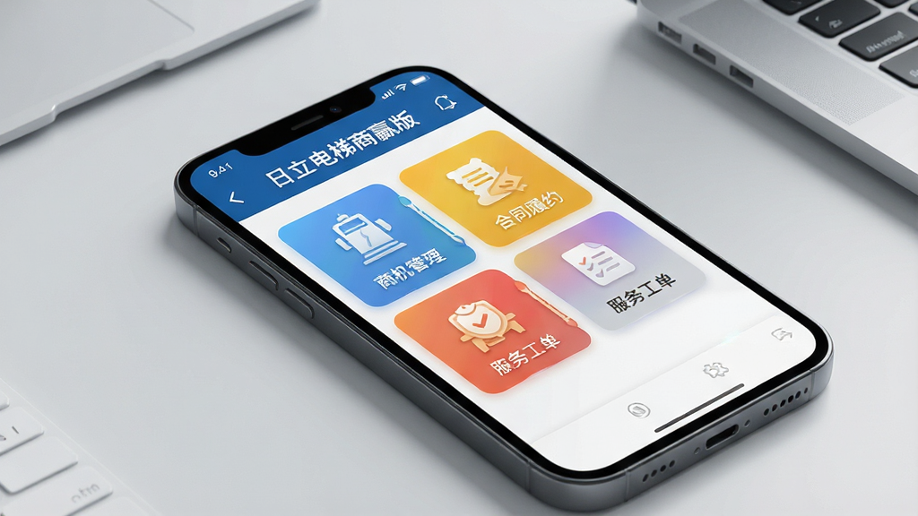 一张展示智能手机屏幕的正面视图,屏幕内清晰显示“日立电梯商赢版”APP主界面,界面包含商机管理、合同履约、服务工单等彩色图标卡片,背景为浅灰色办公桌面,桌面整洁,画面干净,风格为现代商务科技感,高分辨率渲染,细节丰富,无多余元素