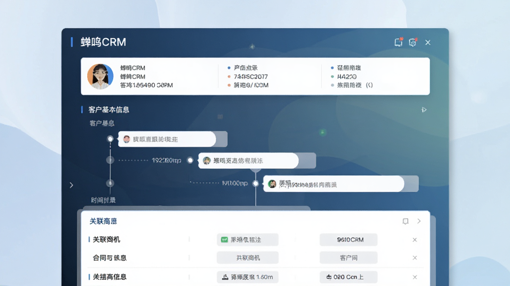展示“蝉鸣CRM”客户详情页,顶部为客户基本信息栏,中部时间轴展示跟进记录,下部为关联商机与合同列表,界面简洁信息层级分明,配合柔和背景,商务风格,高分辨率,干净整洁,无多余元素