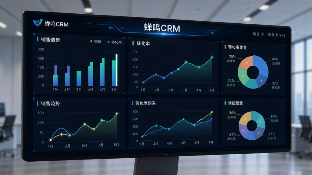 展示“蝉鸣CRM”数据看板,大屏显示多个图表模块,包括柱状图、折线图、饼图,展示销售趋势、转化率等指标,深色背景配合亮色数据,科技感强,高分辨率,干净无多余元素