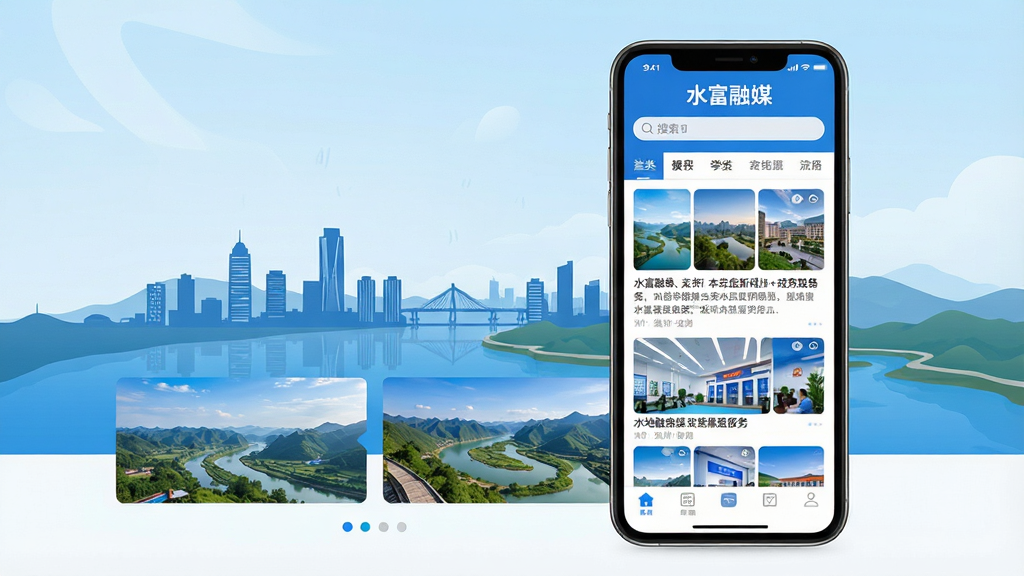 主体:一部亮着屏幕的智能手机,屏幕上清晰显示“水富融媒”APP的首页界面,界面顶部有“水富融媒”四个字。布局:手机位于画面中央偏右,屏幕内容展示新闻资讯列表与风景图片轮播。排版:简洁的APP界面设计,上方为搜索栏和分类标签,中间为图文卡片流,下方为底部导航栏。风格:现代扁平化风格,蓝色与白色为主色调,清新自然。细节:屏幕中浮现水富城市天际线与金沙江的轮廓,突出“本地新闻+政务服务”特色。画质:超高清,渲染细腻,干净,无多余元素。