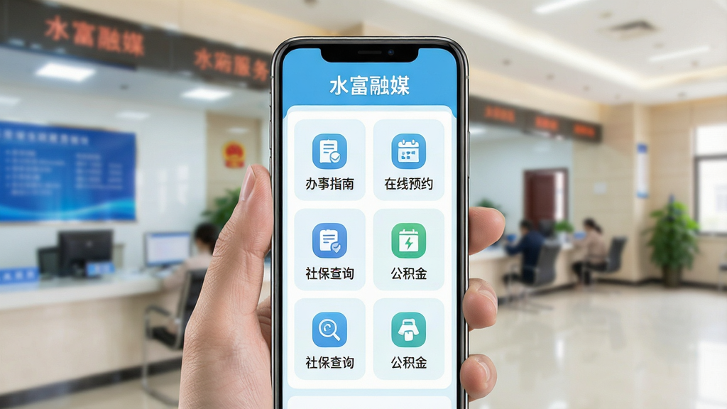 主体:一只手拿着手机,手机屏幕上显示“水富融媒”APP的政务服务板块,包含“办事指南”、“在线预约”等图标。布局:手机居中,背景为模糊的政务大厅场景,突出便捷感。排版:政务服务功能以宫格形式整齐排列,每个图标下方有文字说明。风格:清新明亮风格,浅蓝与白色搭配,传递高效阳光的政务形象。细节:屏幕上显示“水富融媒”字样,并有一些服务项目如“社保查询”、“公积金”等。画质:细腻逼真,光线柔和,干净,无多余元素。