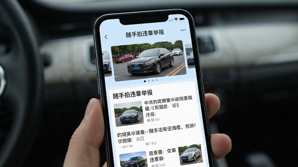 手机屏幕显示“随手拍违章举报”资讯页面,顶部为汽车图片轮播,下方为新闻列表,背景为淡蓝色,布局时尚简约,风格现代清新,细节展示资讯标题与配图,画质高清干净,无多余元素