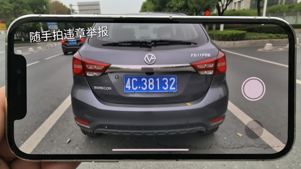 手机横屏拍摄违章车辆特写,画面上有“随手拍违章举报”水印,布局以车辆违章动作为中心,背景为道路标线,风格纪实清晰,细节展示车牌号码与违章行为,画质细腻干净,无多余元素