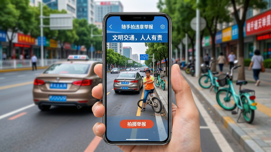 画面中央展示“随手拍违章举报”手机应用界面,背景为城市街道,一辆汽车违规停放在非机动车道,手机屏幕清晰显示“拍摄举报”按钮,整体布局简洁明快,风格写实且色彩鲜明,突出“文明交通,人人有责”的主题,画质高清干净,无多余元素