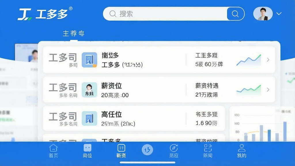 һ��չʾ�����APP������ĸ����ͼ�����涥����ʾ������ࡱƷ�Ʊ�ʶ�����������в�Ϊְλ�Ƽ���Ƭ�б���������˾���ơ���λ���ơ�н�ʴ����ȹؼ���Ϣ���ײ�Ϊ���ܵ����������岼�ּ���ִ�������ɫΪ��ɫ�������ʸɾ��������޶���Ԫ��