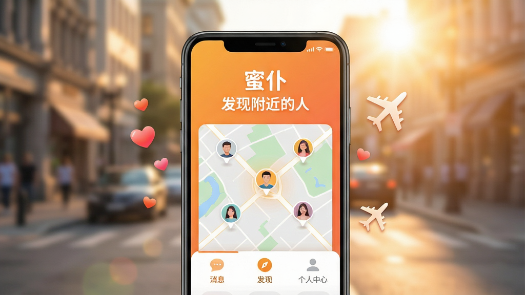 一张充满活力的智能手机屏幕特写,屏幕上展示着蜜仆APP的界面,界面风格清新现代,主色调为温暖的橙色渐变,顶部显示“蜜仆”字样和“发现附近的人”的标题,下方地图上分布着几个带头像的圆点,画面下方有“消息”、“发现”、“个人中心”三个选项卡,背景是模糊的城市街景和温暖的阳光,画面干净明亮,突出真实社交和旅行交友的主题,手机周围漂浮着微小的爱心和飞机图标,画质高清,无多余元素
