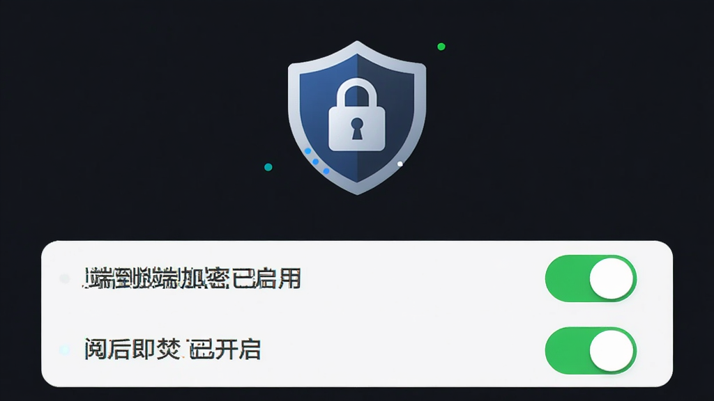 蜜仆APP的隐私设置界面,背景为深色主题,中央有一个盾牌与锁的组合图标,下方列出“端到端加密已启用”和“阅后即焚已开启”两个开关选项,均处于开启状态,界面风格极简,搭配绿色和蓝色的小指示灯,突出安全与私密性,画质清晰