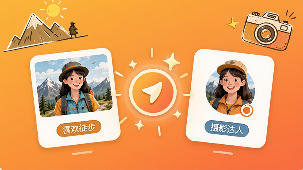 蜜仆APP的兴趣匹配成功界面,屏幕上展示两张用户卡片,分别标有“喜欢徒步”、“摄影达人”等标签,中间有一个闪光的匹配成功动画效果,背景是渐变的暖色,配有一些山峦和相机的简约手绘插画,整体风格活泼有趣,突出快速匹配和共同爱好的概念,画质干净