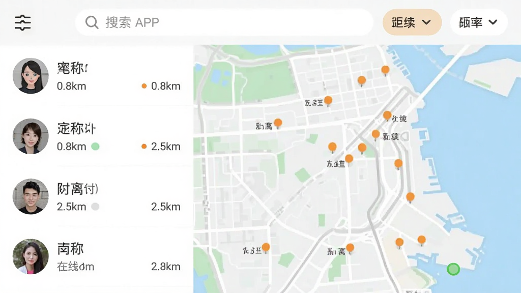 蜜仆APP的附近的人列表界面截图,背景是一张简化风格的本地地图,上面用橙色小点标示用户位置,左侧有一个纵向列表,每个条目显示用户头像、昵称、距离(如0.8km、2.5km)和在线状态,顶部有搜索栏和筛选按钮,整体UI设计直观清晰,突出近距离社交的便利性,画质明亮干净