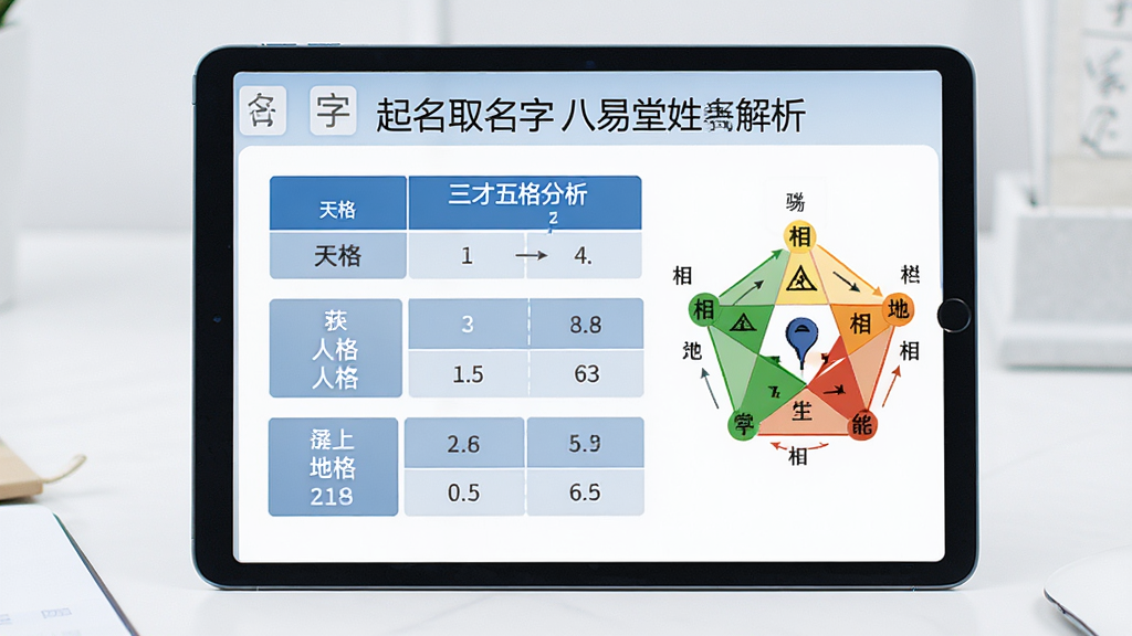 一幅展示起名取名字八易堂姓名学解析功能的高清画面,主体为平板电脑上显示的三才五格分析图表,布局规整,图表包含天格、人格、地格等数据,搭配五行相生相克图解,排版清晰,风格简约专业,采用蓝色与白色配色,细节丰富,画质高清,干净无多余元素。