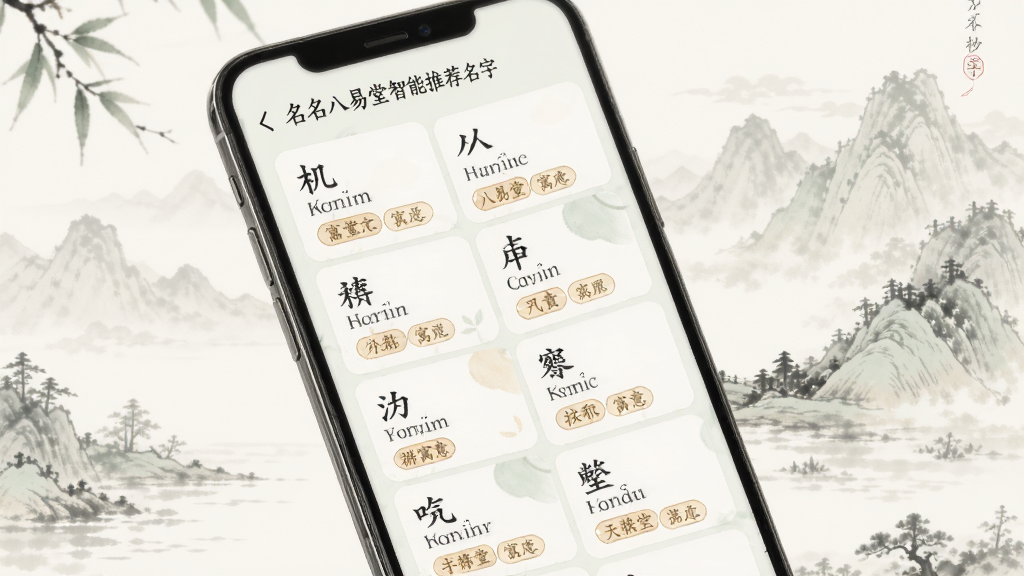 一张描绘起名取名字八易堂智能推荐名字界面的图片,主体为手机屏幕展示的名字列表,每个名字卡片显示汉字、拼音与寓意标签,布局采用瀑布流形式,背景有淡雅的水墨山水元素,排版错落有致,风格文艺清新,色彩柔和,细节丰富,画质干净。
