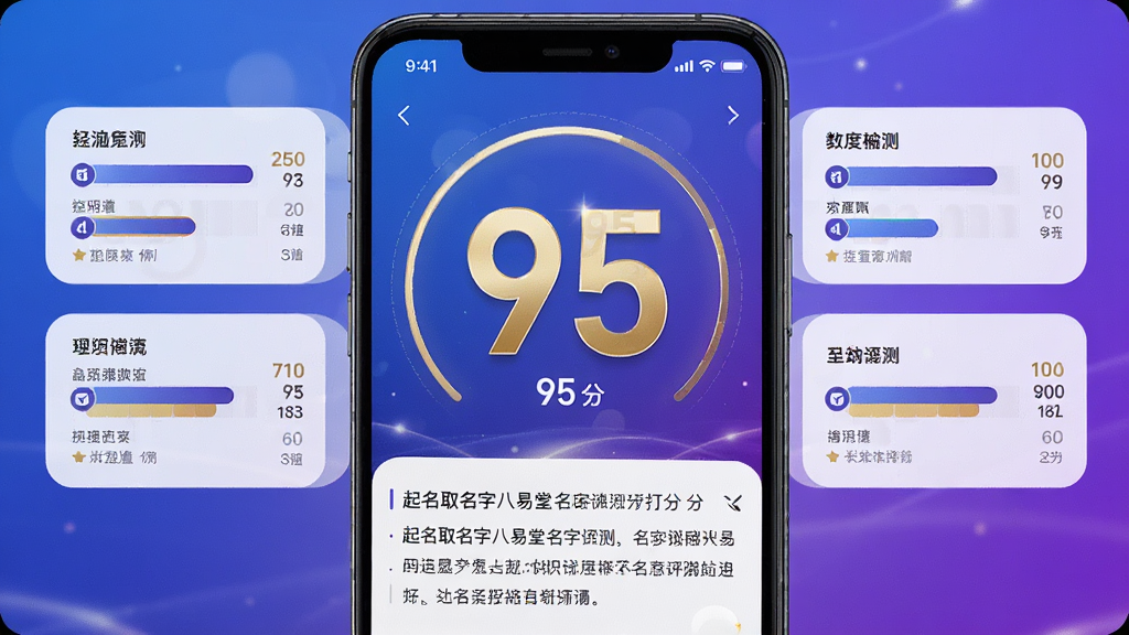 一幅展示起名取名字八易堂名字评测打分功能的高清图,主体为手机评分界面,中央显示大大的“95”分字样,周围环绕着各项维度得分条形图,下方有详细的文字点评,布局聚焦,风格现代,蓝紫色渐变背景与金色数字形成鲜明对比,细节精致,画质清晰。