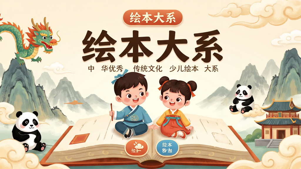 画面主体为“绘本大系”APP的启动界面,一个可爱的中国风卡通小男孩与小女孩坐在一本巨大的打开的书本上,背景是水墨山水与祥云,周围漂浮着龙、熊猫、古建筑等传统文化元素。布局为居中构图,界面清爽,突出“中华优秀传统文化少儿绘本大系”字样。排版采用大字标题与柔和圆角按钮,风格为扁平化儿童插画,色彩明快温暖,细节包含柔和光影与细腻纹理,画质高清干净,无多余元素。