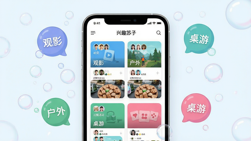 主体:手机屏幕展示泡泡苏打APP的兴趣圈子页面,有“观影”、“户外”、“桌游”等不同圈子卡片。布局:手机居中,屏幕内容清晰可见,周围有漂浮的气泡图标。排版:界面简洁现代,卡片式布局,色彩鲜明。风格:扁平化UI设计风格,清新明快。细节:圈子卡片上显示有成员头像和近期活动图片,气泡图标带有“观影”、“户外”、“桌游”等字样。画质:高清,干净,无多余元素。