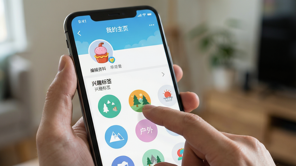 主体:一只手拿着手机,屏幕上显示泡泡苏打应用的个人主页编辑界面,有“兴趣标签”选项。布局:手机屏幕特写,背景虚化的室内环境。排版:界面清晰,标签图标为圆形,色彩丰富。风格:写实风格,浅景深效果。细节:屏幕上有“我的主页”、“编辑资料”、“兴趣标签”等字样,手指正在点击“户外”标签。画质:高清,干净,无多余元素。