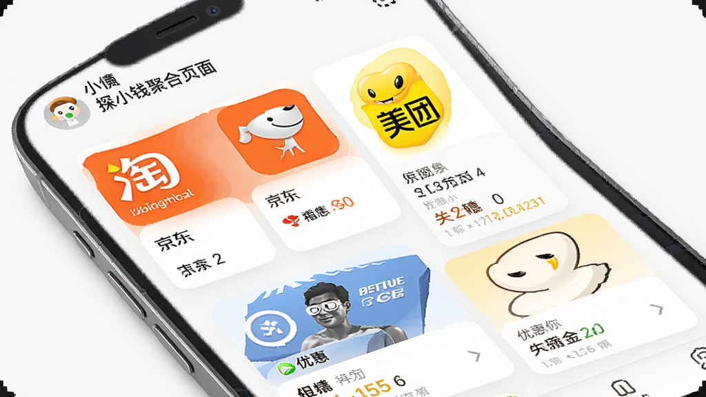 探小钱聚合页面,展示淘宝、京东、美团等多个平台图标与优惠信息卡片,画面以手机界面为框架,卡片式布局整齐,风格现代简约,色彩明快,细节丰富,画质清晰,干净整洁