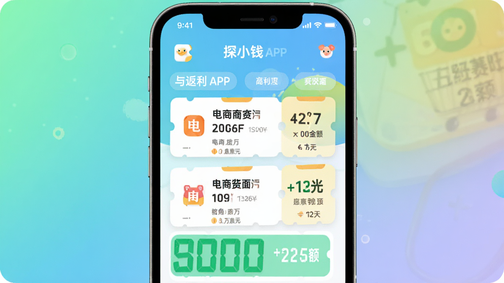 探小钱APP主界面预览图,手机屏幕展示多个电商平台优惠券列表与返利金额,背景为清新渐变色,界面扁平化设计,图标圆润,整体风格明亮活泼,画质高清,干净无多余元素