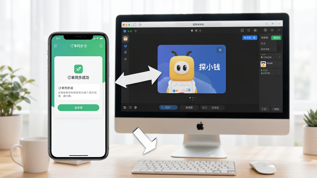 探小钱使用教程示意图,手机与电脑桌面背景,手机屏幕显示订单同步成功界面,电脑屏幕显示模拟器运行探小钱,画面清晰标注操作步骤箭头,风格写实,明亮通透,干净无多余元素