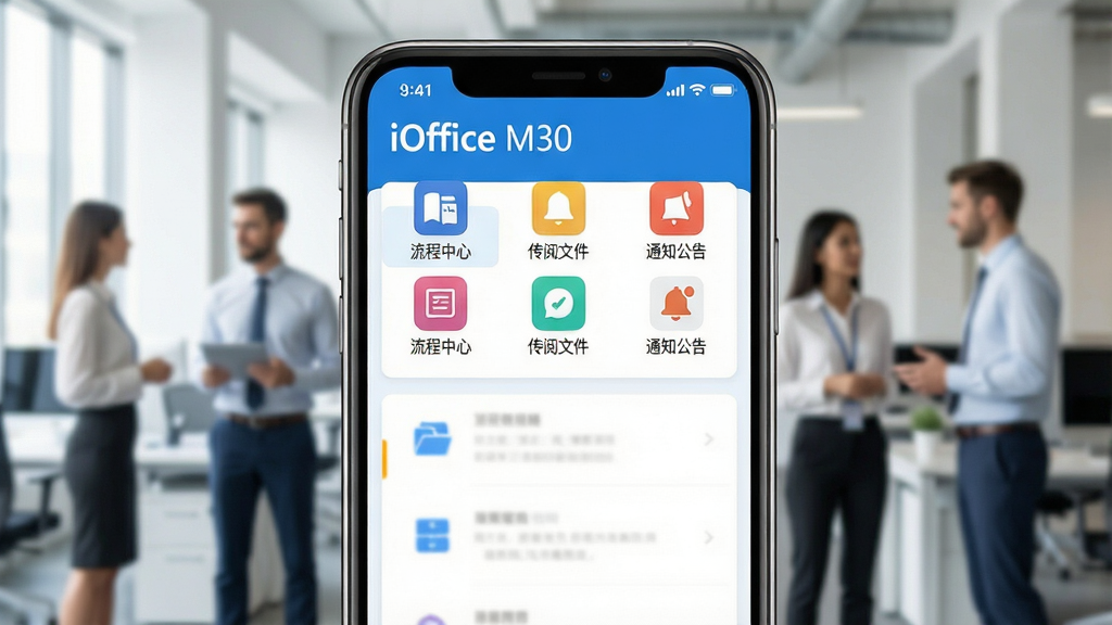 һ�������ֻ���Ļ��д����Ļ�������չʾiOffice M30�칫�����������棬������Ϊ�������������ɫ��������ʾ